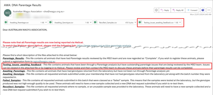 Parentage Analysis – Testing issues awaiting feedback