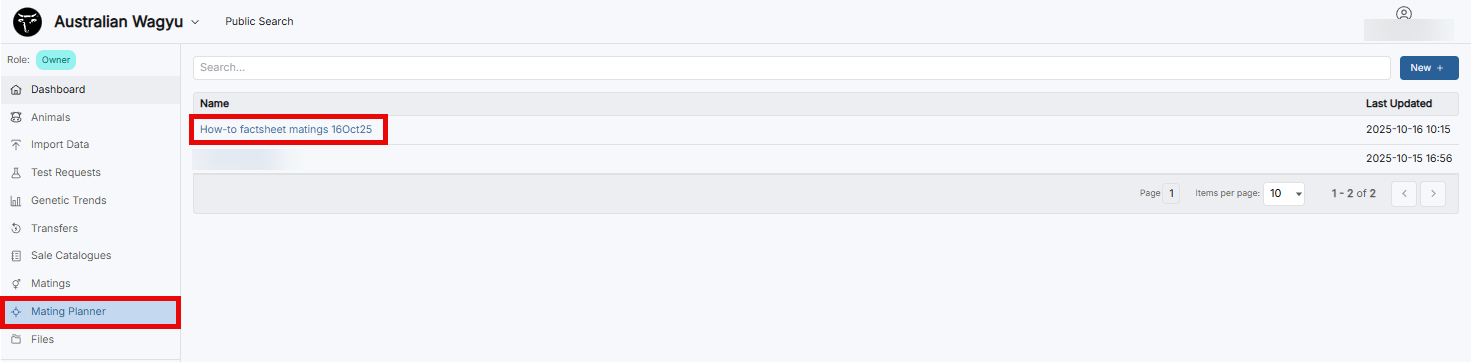 Mating Planner Tab Display