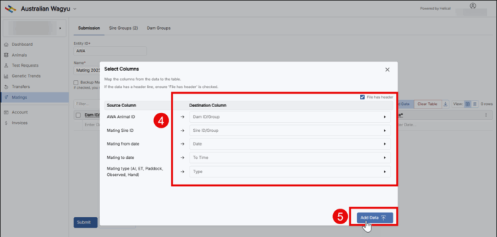 Destination column multi sire matings
